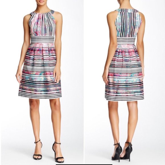 POCKETS Nine West Halter Fit Flare Striped Dress 4 - Picture 2 of 12